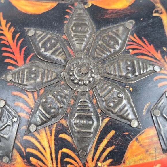 Vintage Round Middle Eastern Wooden Spice Box Hand Carved Hand Painted - Picture 9 of 16